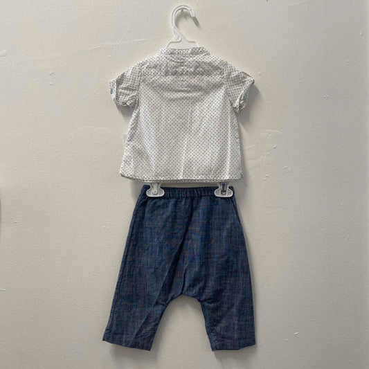 Bonpoint Polka Dot Blouse & Blue Pants Outfit, Baby 6 Months