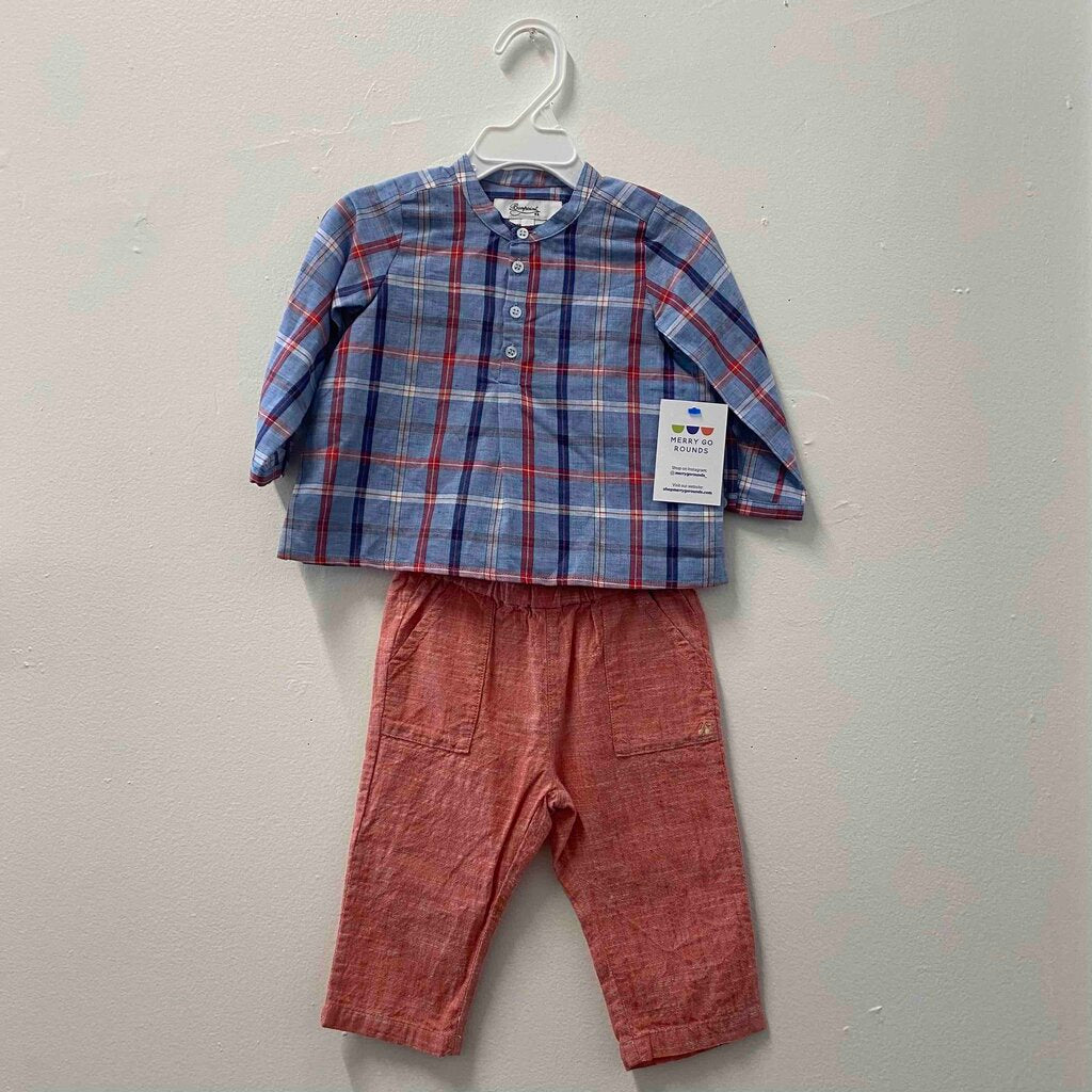 Bonpoint Plaid Shirt & Red Pants Outfit, Boy 12 Months