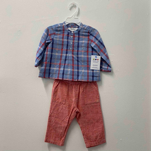 Bonpoint Plaid Shirt & Red Pants Outfit, Boy 12 Months