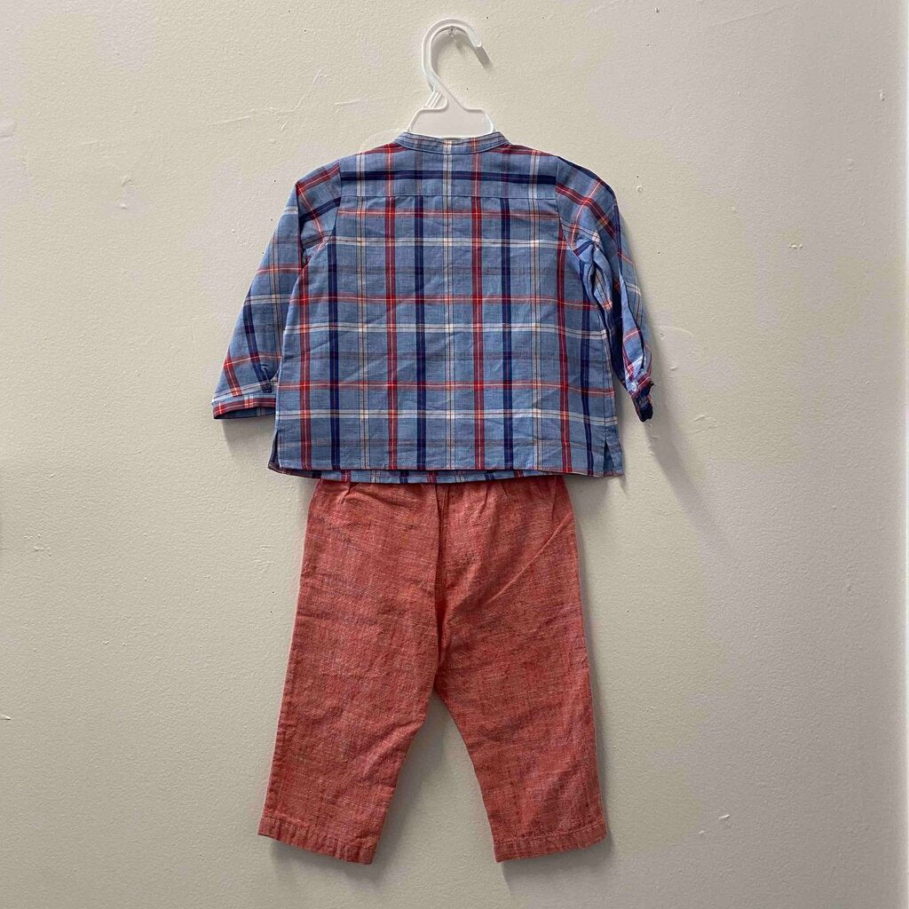 Bonpoint Plaid Shirt & Red Pants Outfit, Boy 12 Months