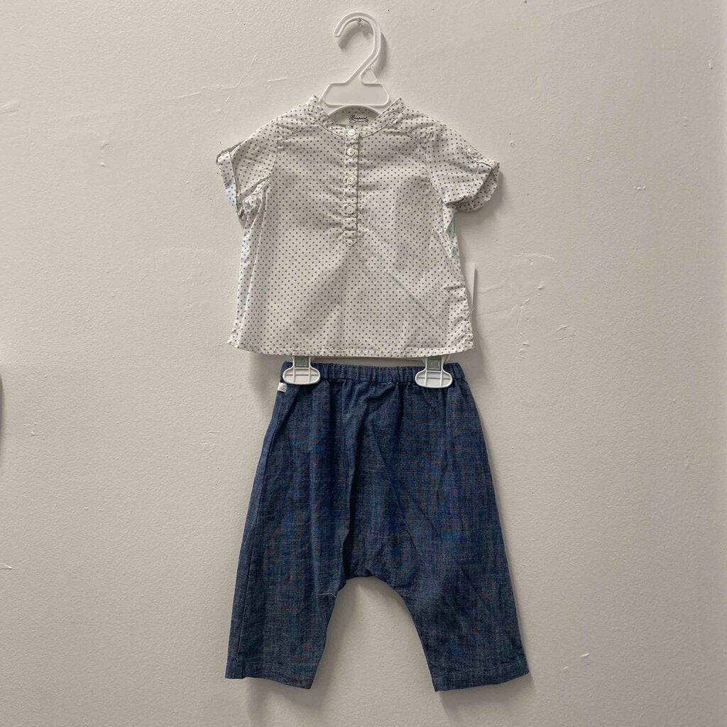 Bonpoint Polka Dot Blouse & Blue Pants Outfit, Baby 6 Months