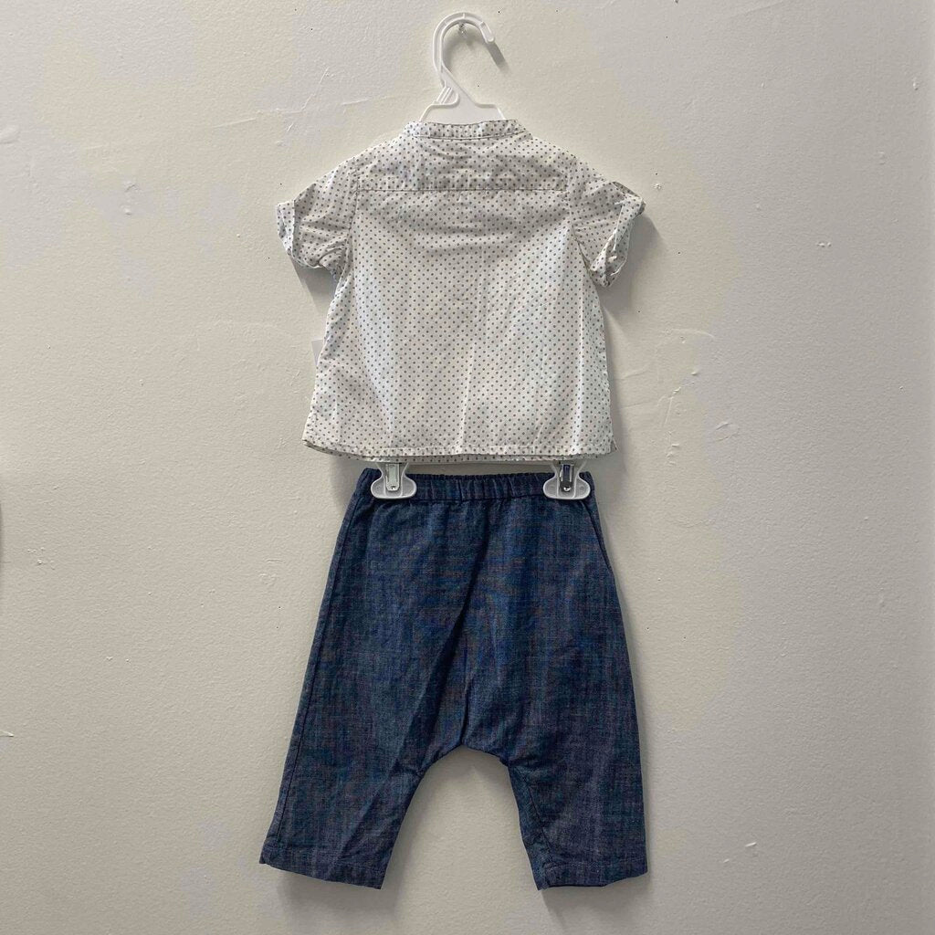 Bonpoint Polka Dot Blouse & Blue Pants Outfit, Baby 6 Months